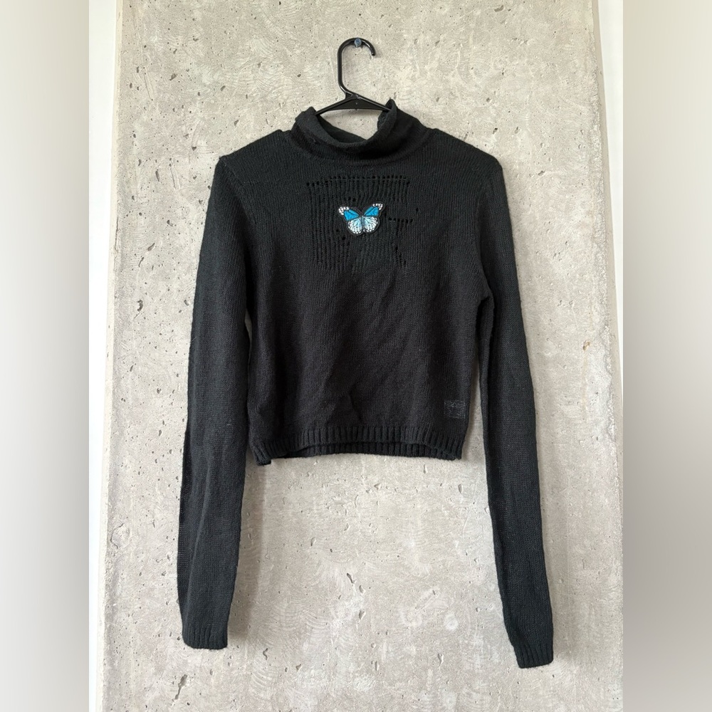 Pretty Damage Black Knit Sweater Blue Butterfly Embroidery Size M